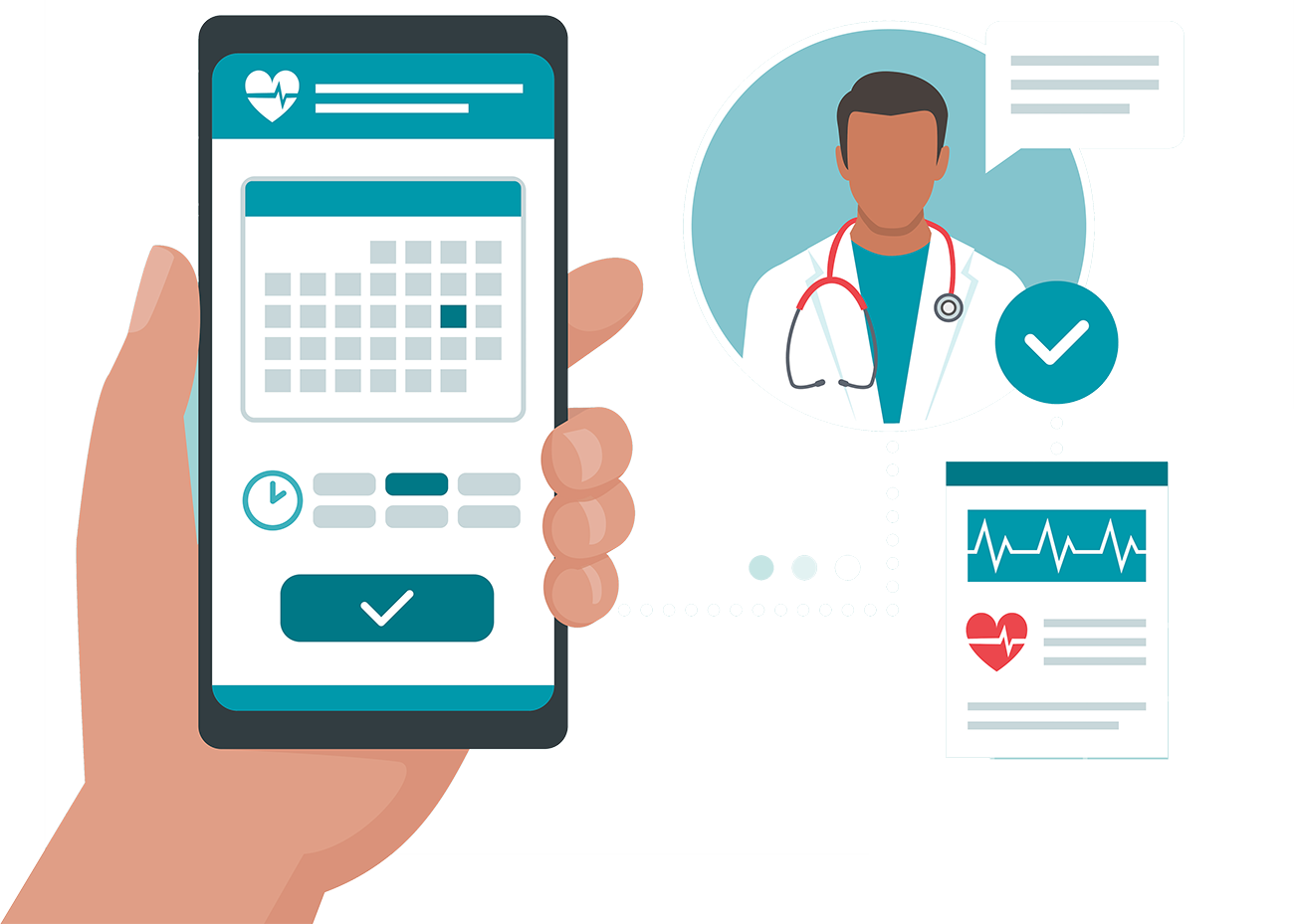 Illustrazione: una mano tiene il telefono con il calendario di una prenotazione confermata, accanto al medico e al referto