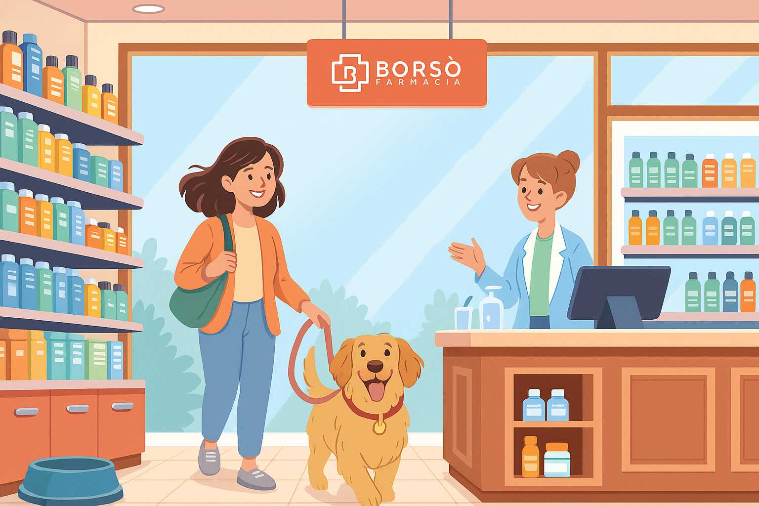 Illustrazione: una cliente con il cane al guinzaglio al banco della farmacia