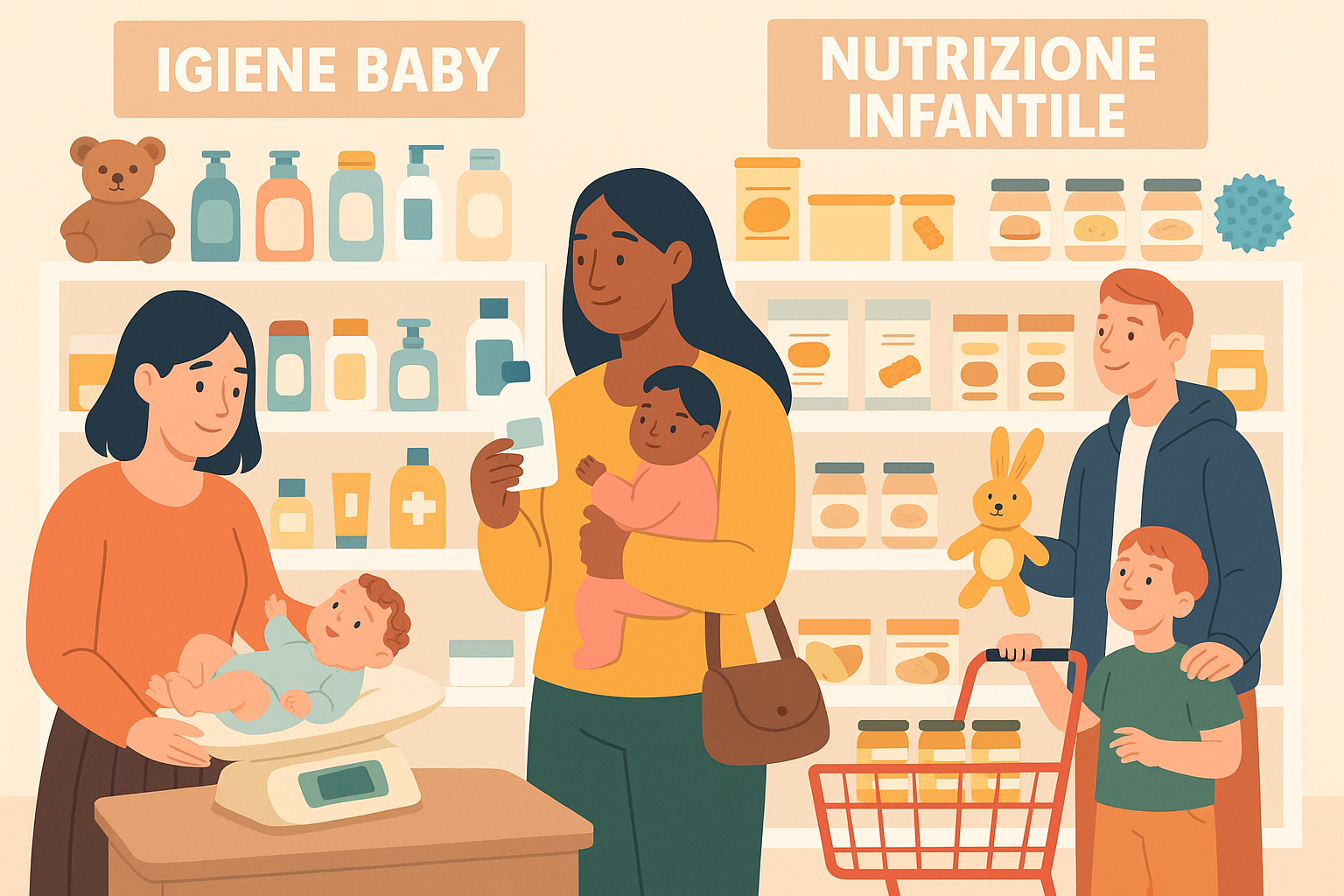 Illustrazione: nel reparto infanzia un neonato sulla bilancia, e i genitori fra gli scaffali di igiene e nutrizione