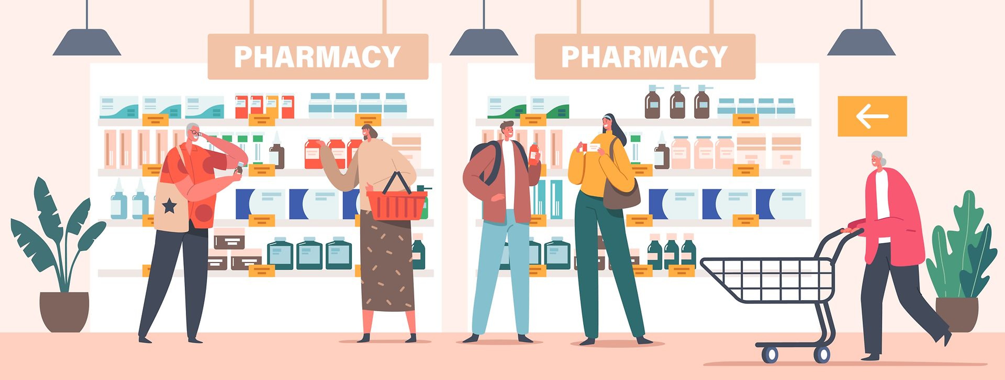Illustrazione: clienti fra gli scaffali di una parafarmacia