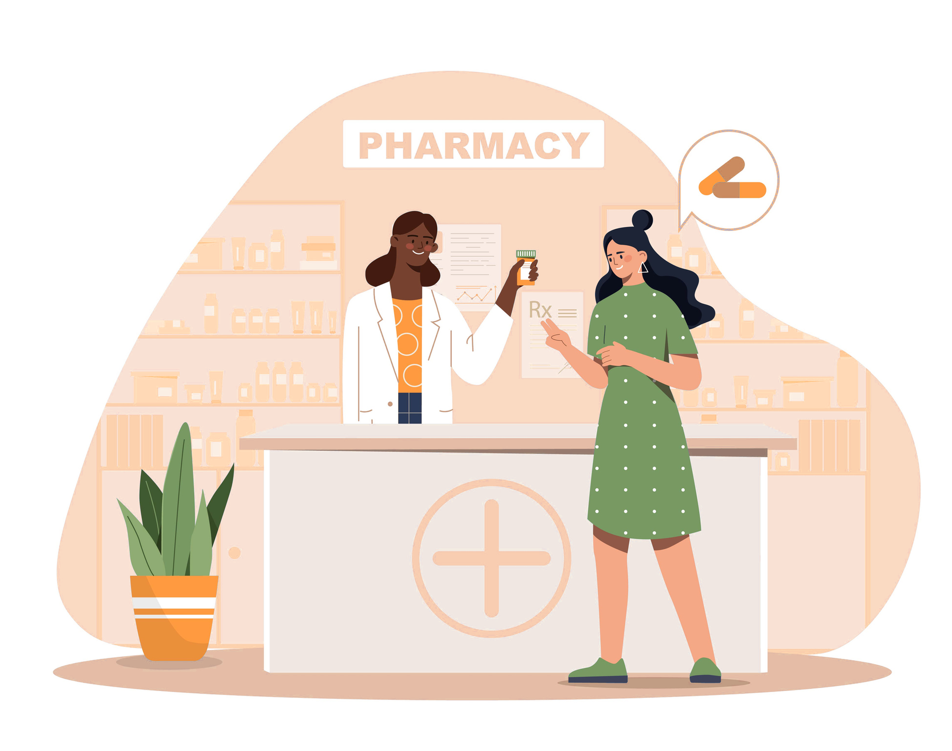 Illustrazione: la farmacista al banco consiglia una cliente