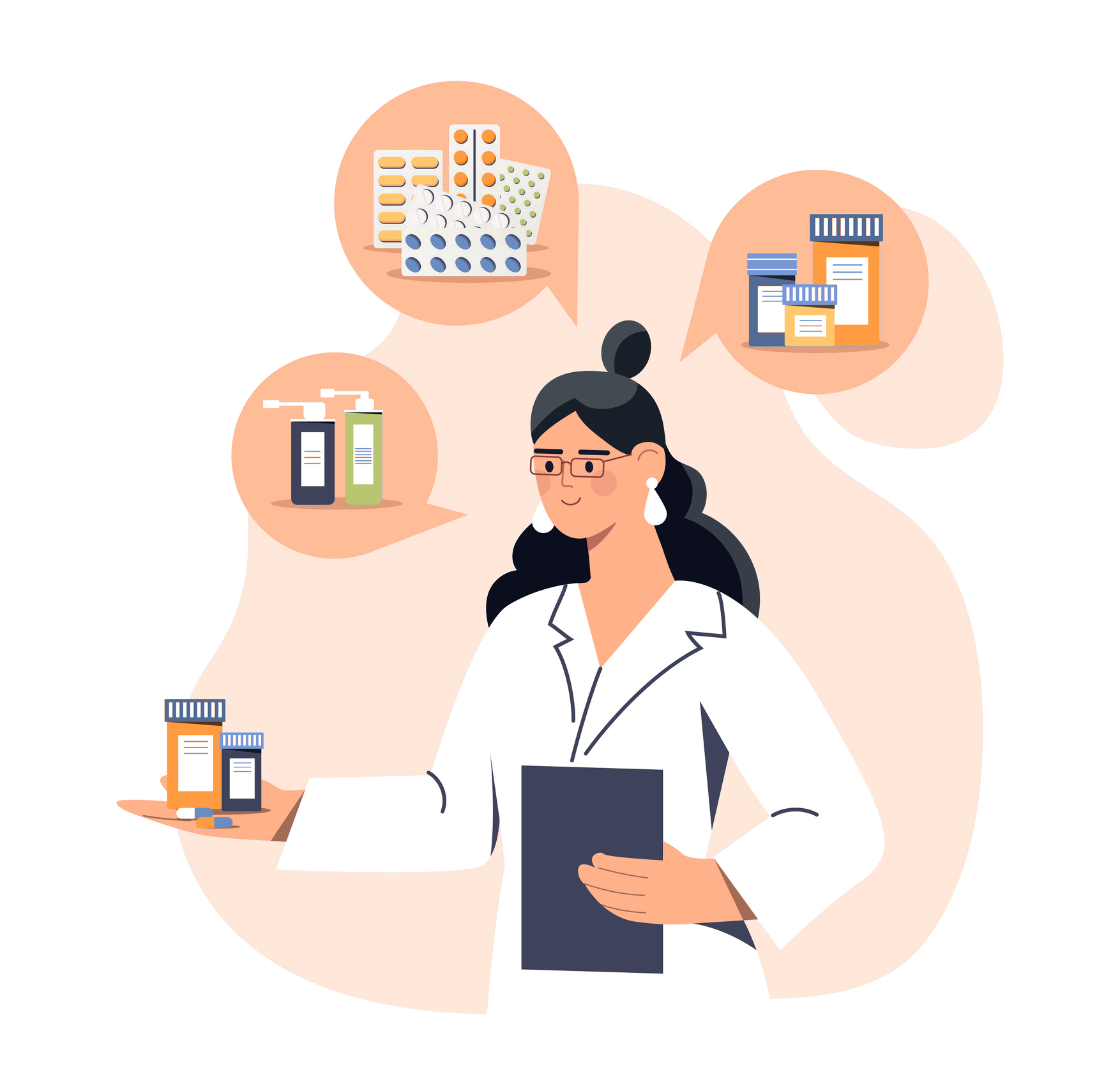 Illustrazione: la farmacista mostra i prodotti disponibili